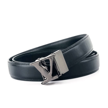 Hemener Men V  Letter Metal Auto Grip Buckle  Black Genuine Leather Belt