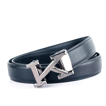 Hemener Men K  Letter Metal Auto Grip Buckle  Black Genuine Leather Belt