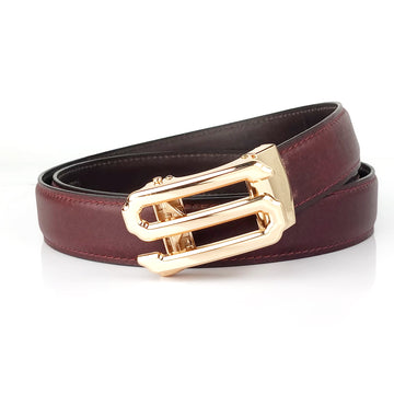 Hemener Men S  Letter Metal Auto Grip Buckle Cherry Brown Genuine Leather Belt