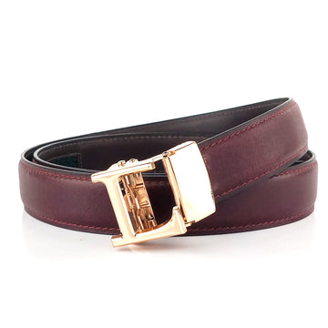 Hemener Men L  Letter Metal Auto Grip Buckle Cherry Brown Genuine Leather Belt