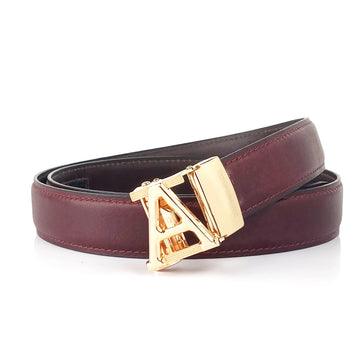 Hemener Men A  Letter Metal Auto Grip Buckle Cherry Brown Genuine Leather Belt