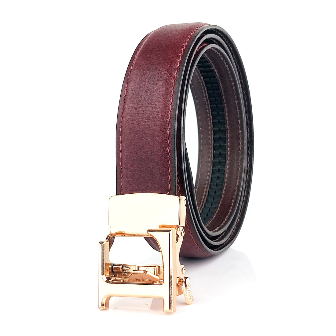 Hemener Men L  Letter Metal Auto Grip Buckle Cherry Brown Genuine Leather Belt