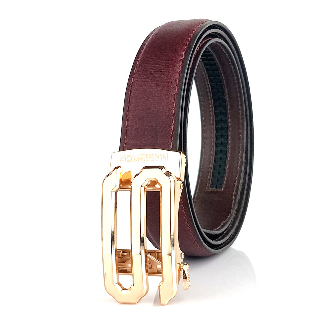 Hemener Men S  Letter Metal Auto Grip Buckle Cherry Brown Genuine Leather Belt