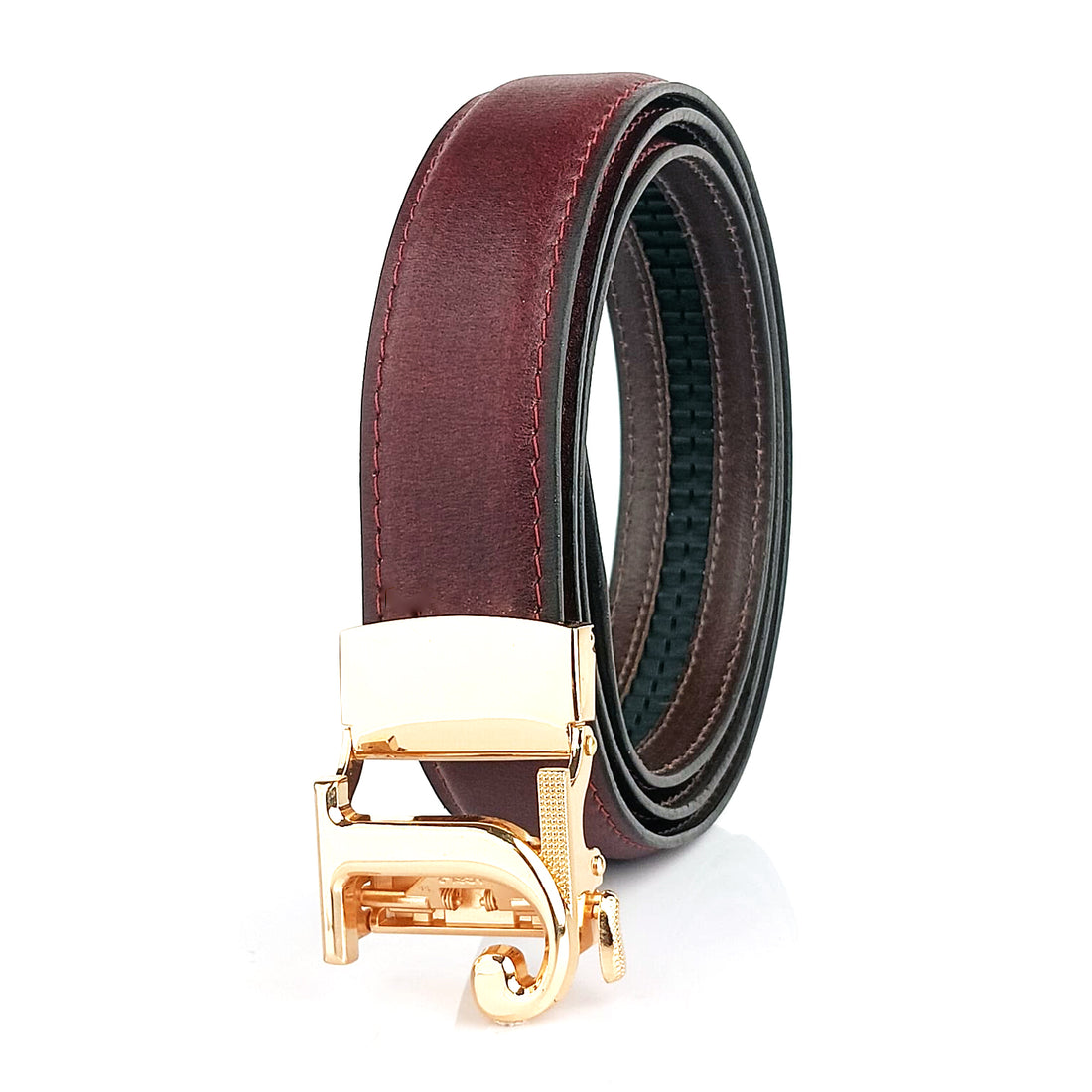 Hemener Men J  Letter Metal Auto Grip Buckle Cherry Brown Genuine Leather Belt