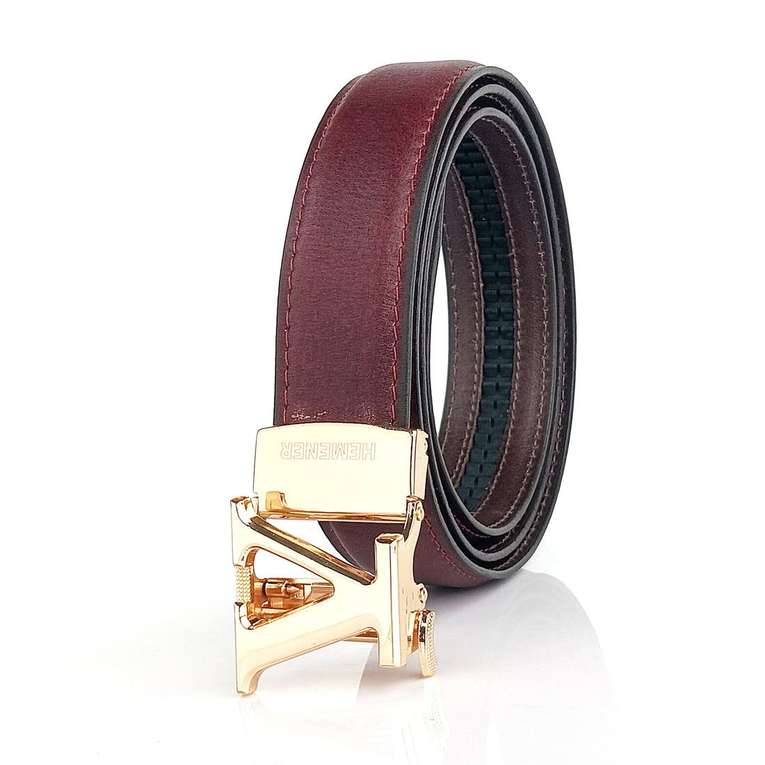 Hemener Men V  Letter Metal Auto Grip Buckle Cherry Brown Genuine Leather Belt