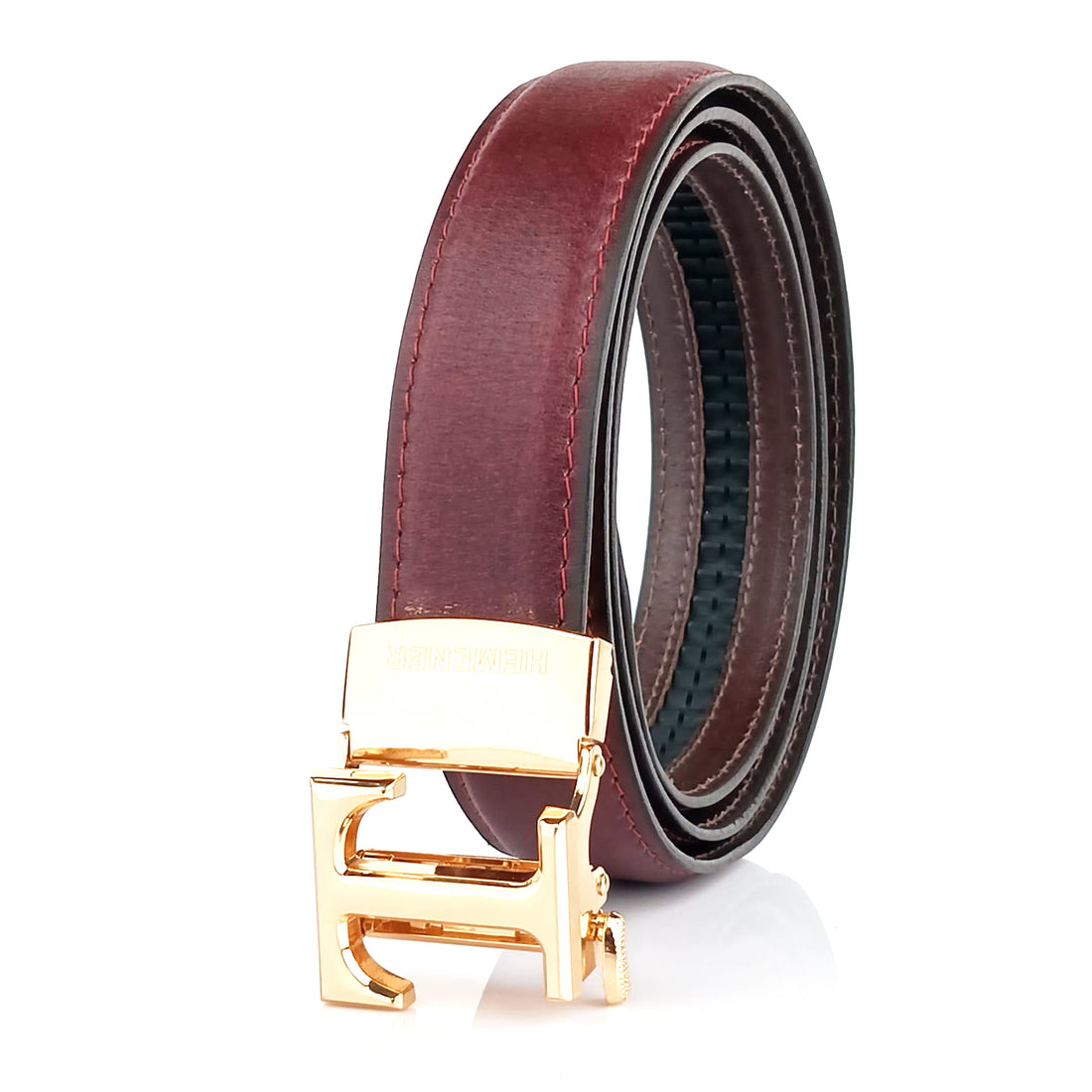 Hemener Men T  Letter Metal Auto Grip Buckle Cherry Brown Genuine Leather Belt