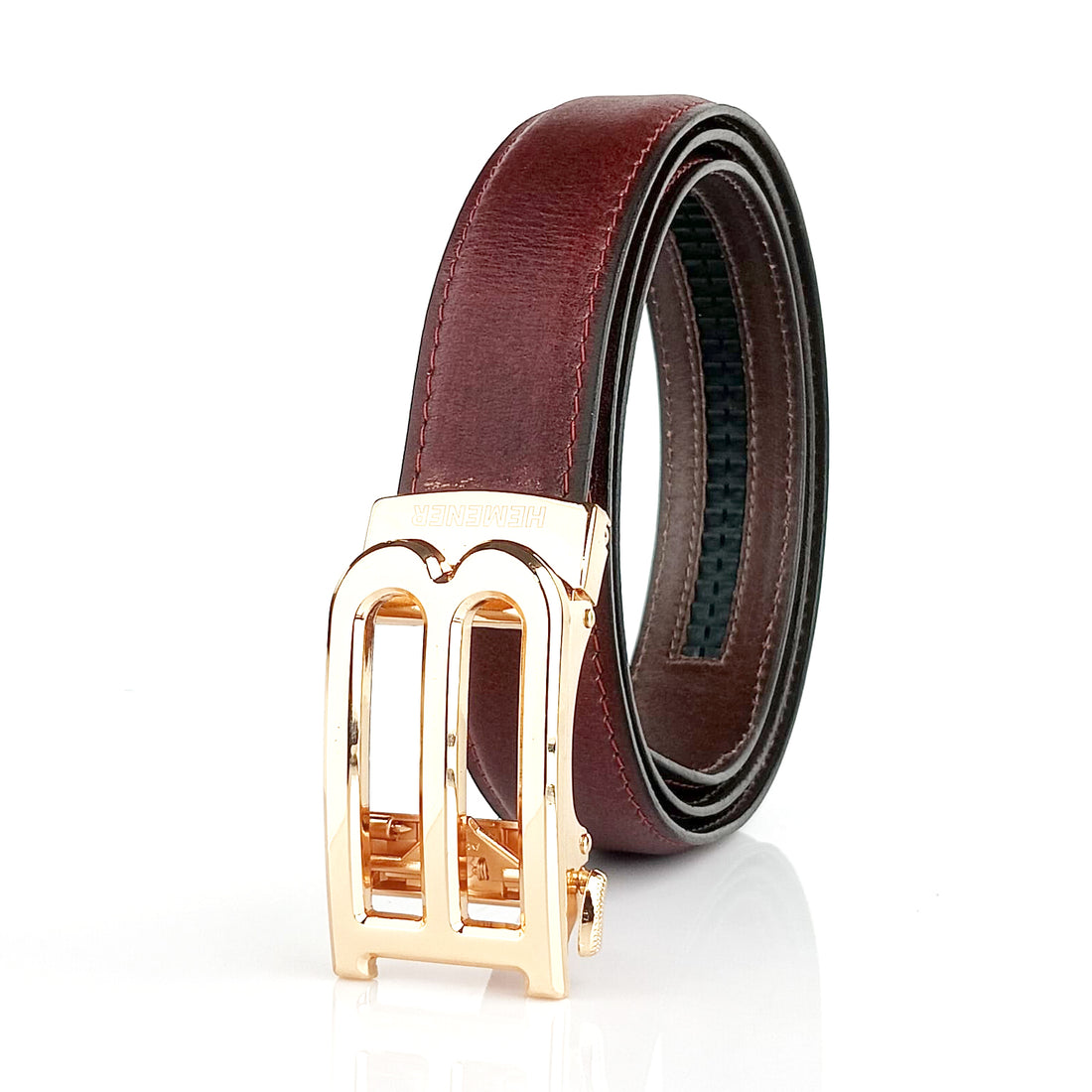 Hemener Men B  Letter Metal Auto Grip Buckle Cherry Brown Genuine Leather Belt