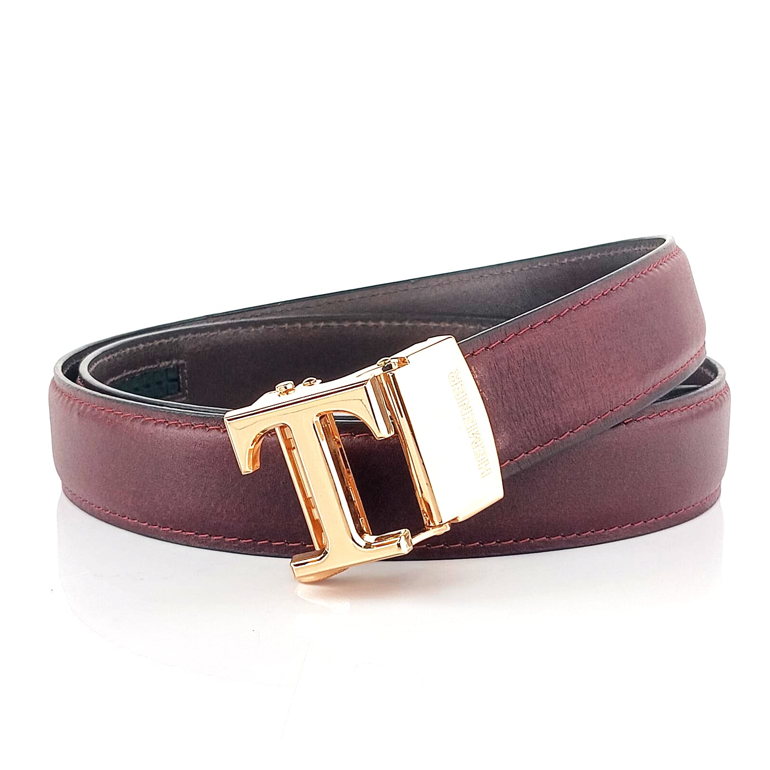 Hemener Men T  Letter Metal Auto Grip Buckle Cherry Brown Genuine Leather Belt