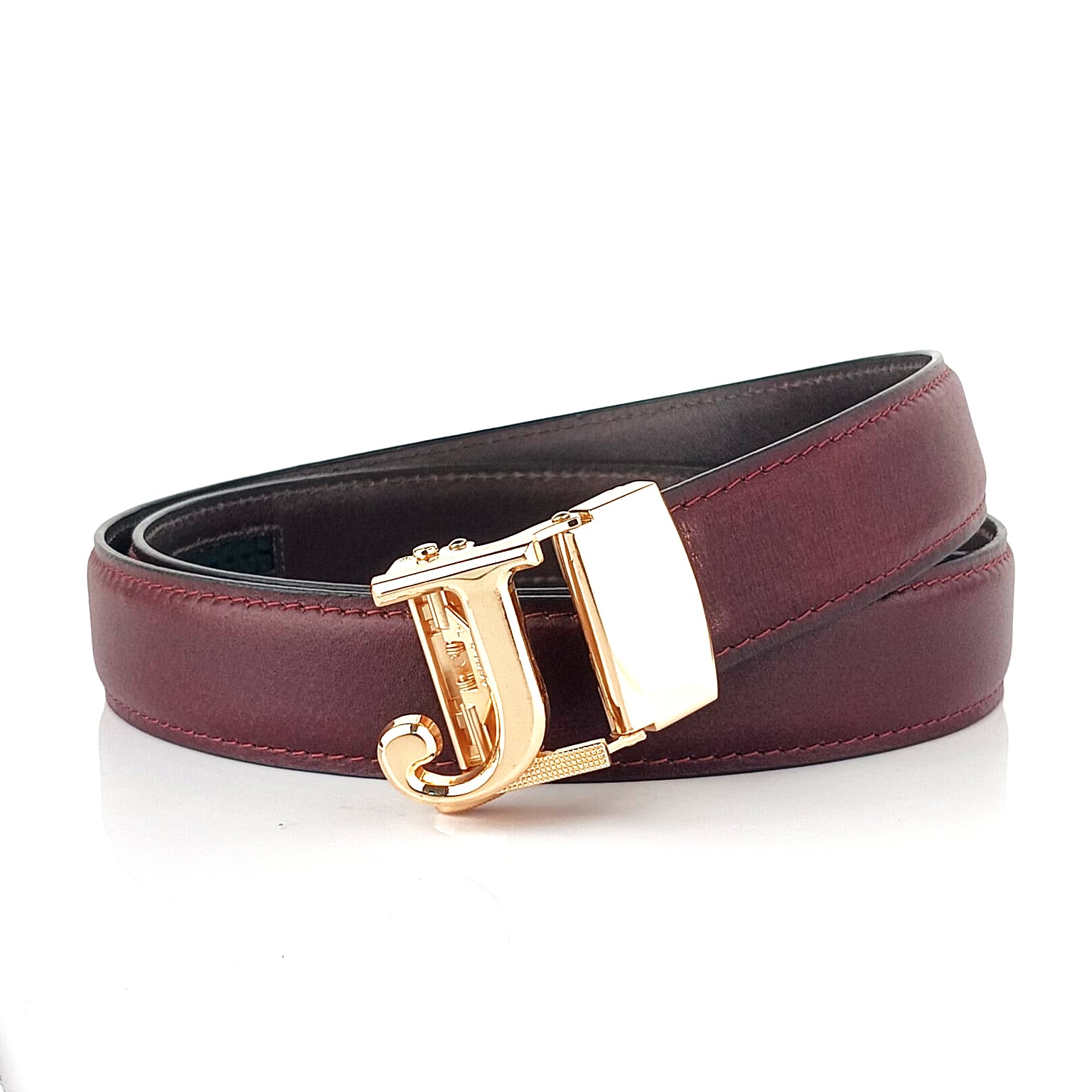 Hemener Men J  Letter Metal Auto Grip Buckle Cherry Brown Genuine Leather Belt