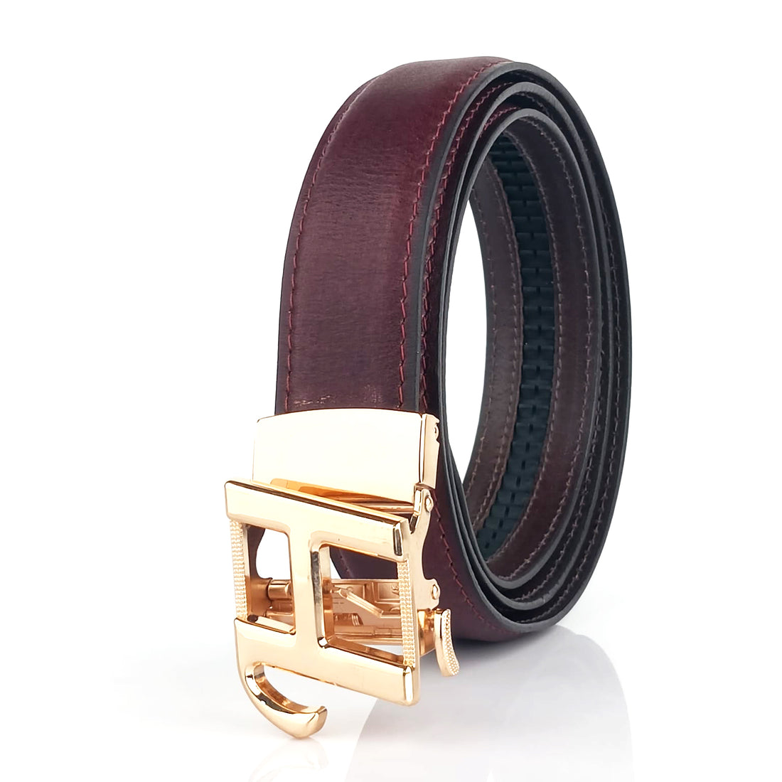 Hemener Men H  Letter Metal Auto Grip Buckle Cherry Brown Genuine Leather Belt