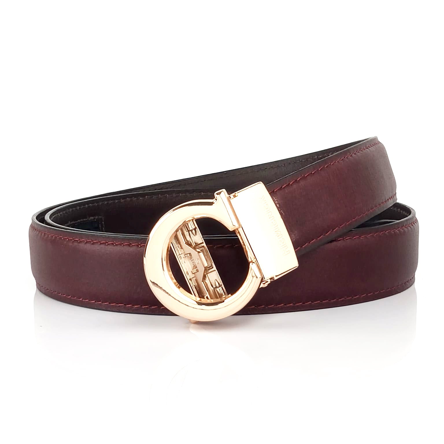 Hemener Men C  Letter Metal Auto Grip Buckle Cherry Brown Genuine Leather Belt