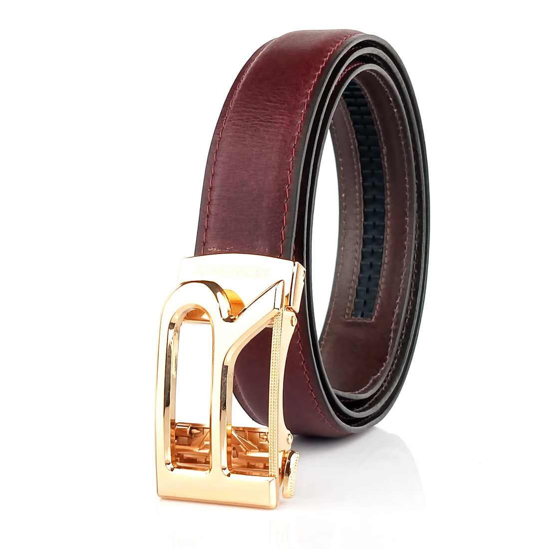 Hemener Men R  Letter Metal Auto Grip Buckle Cherry Brown Genuine Leather Belt