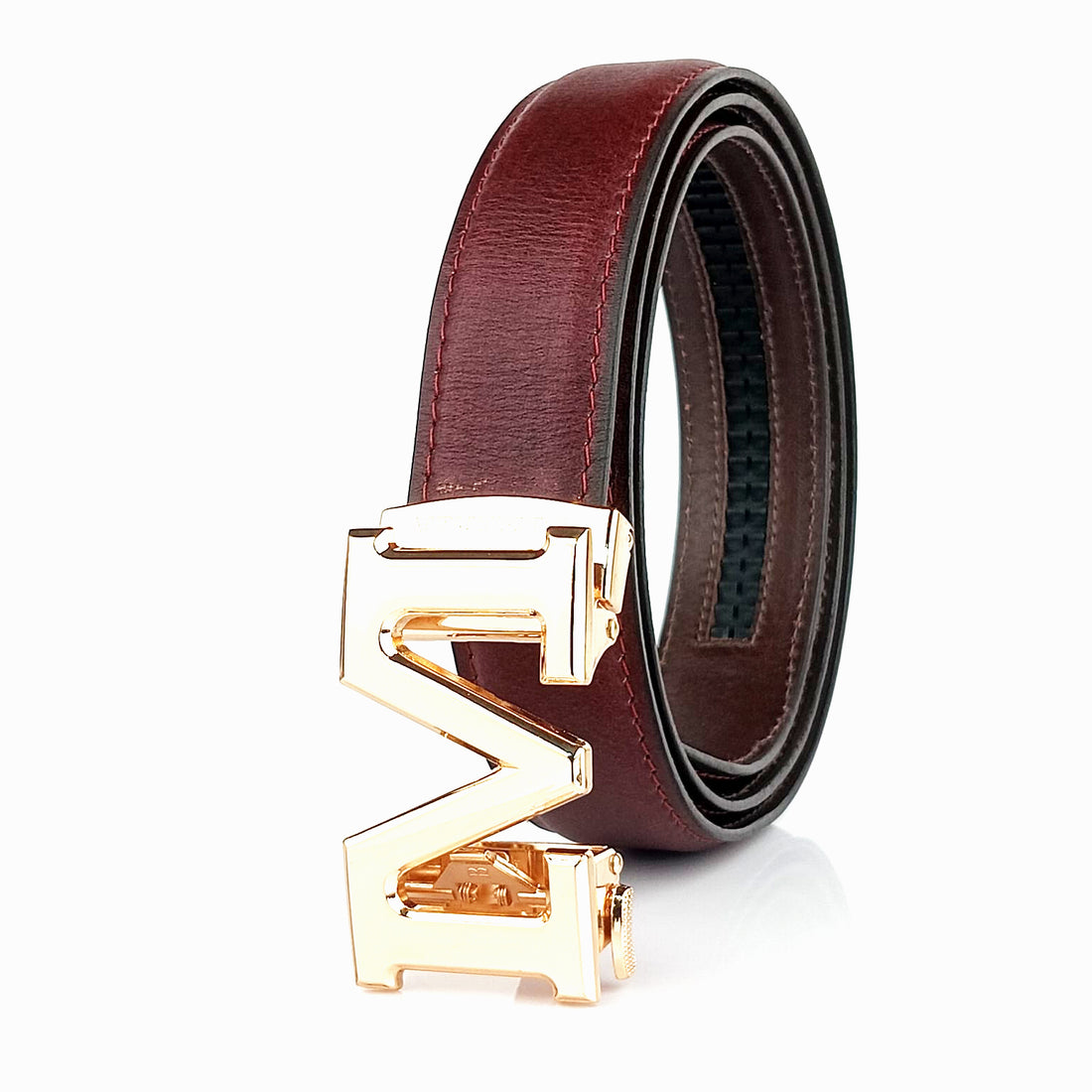 Hemener Men M  Letter Metal Auto Grip Buckle Cherry Brown Genuine Leather Belt