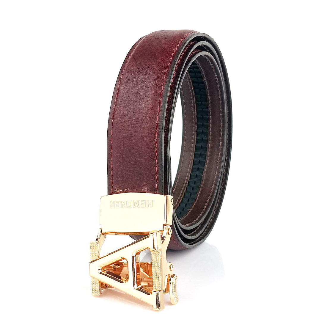 Hemener Men A  Letter Metal Auto Grip Buckle Cherry Brown Genuine Leather Belt