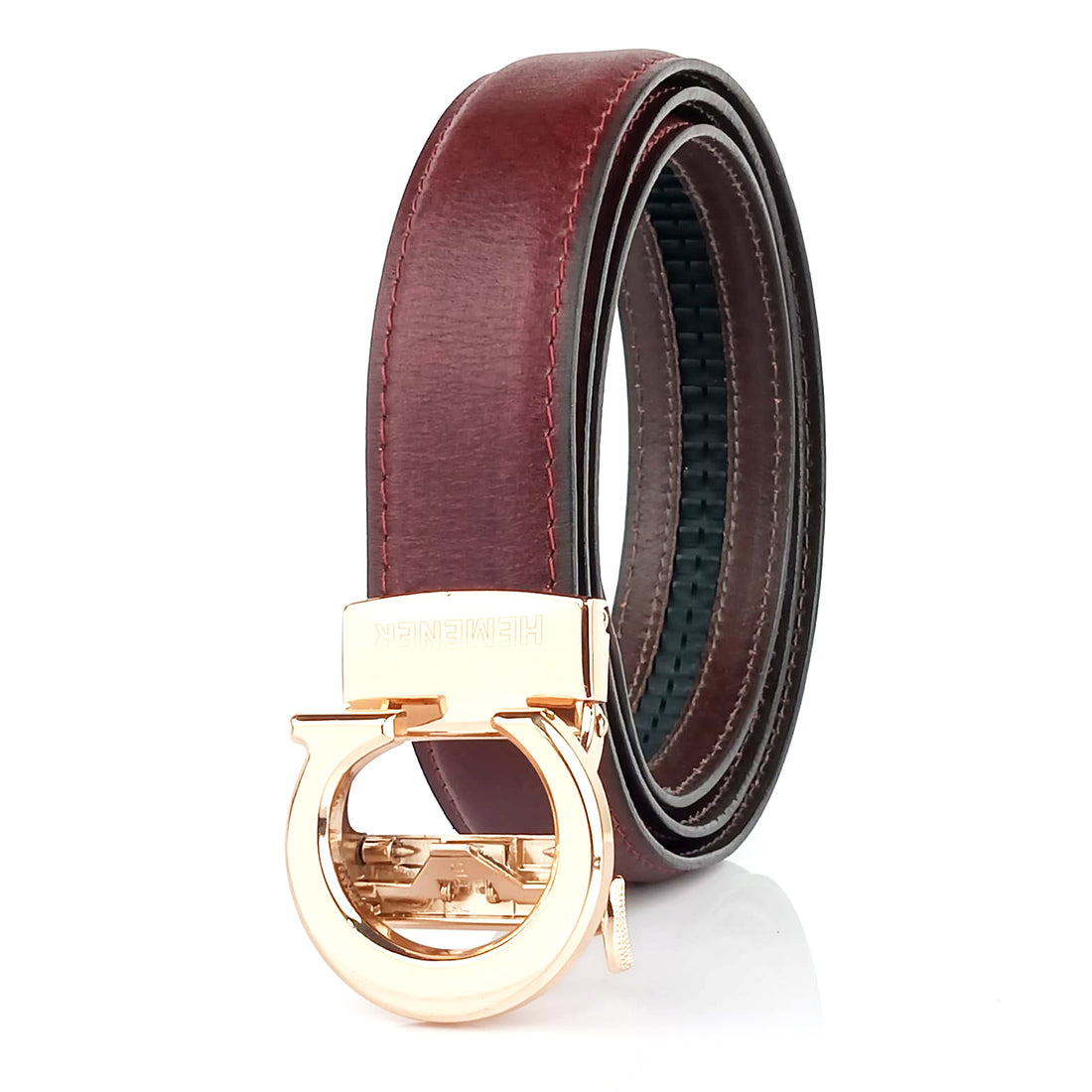 Hemener Men C  Letter Metal Auto Grip Buckle Cherry Brown Genuine Leather Belt