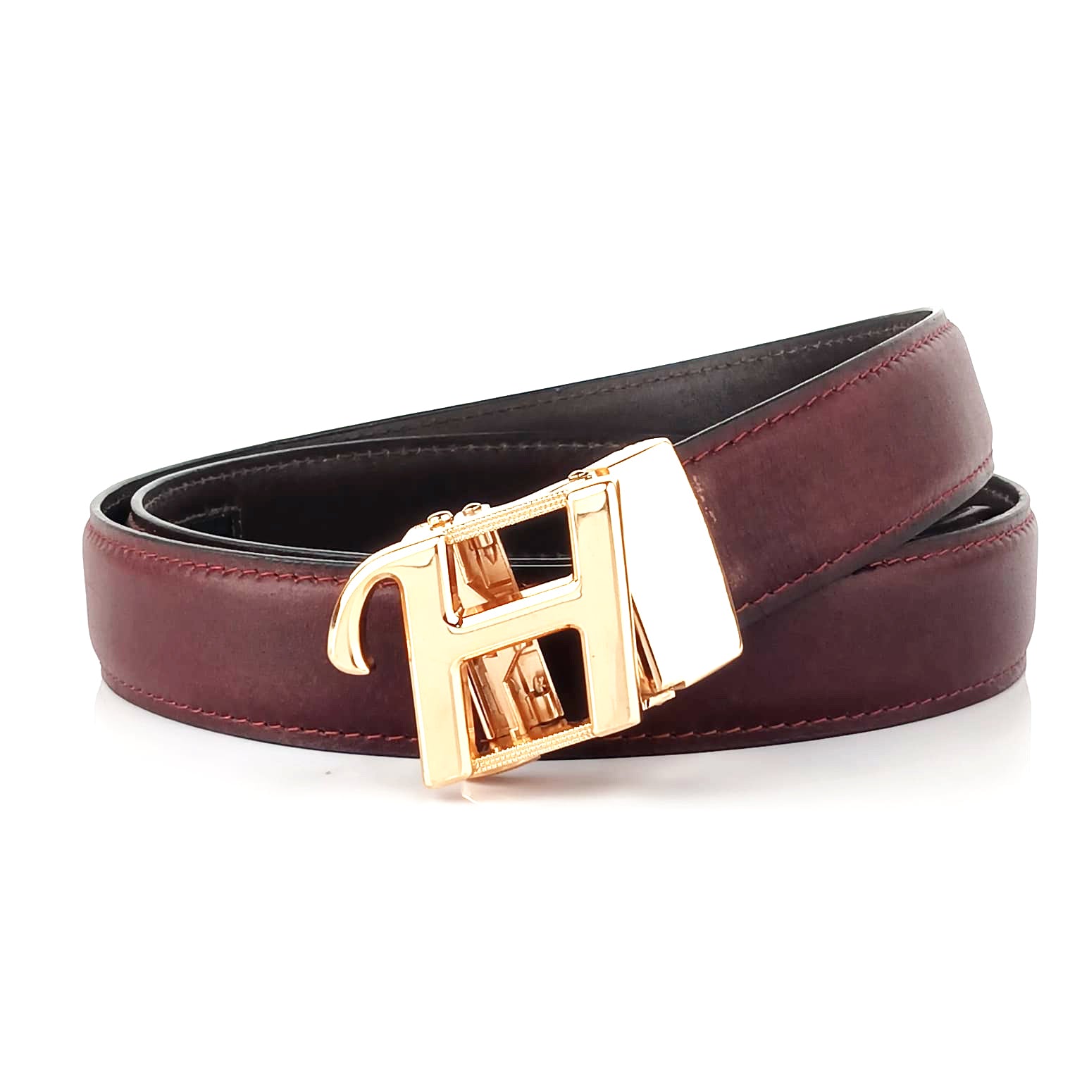 Hemener Men H  Letter Metal Auto Grip Buckle Cherry Brown Genuine Leather Belt