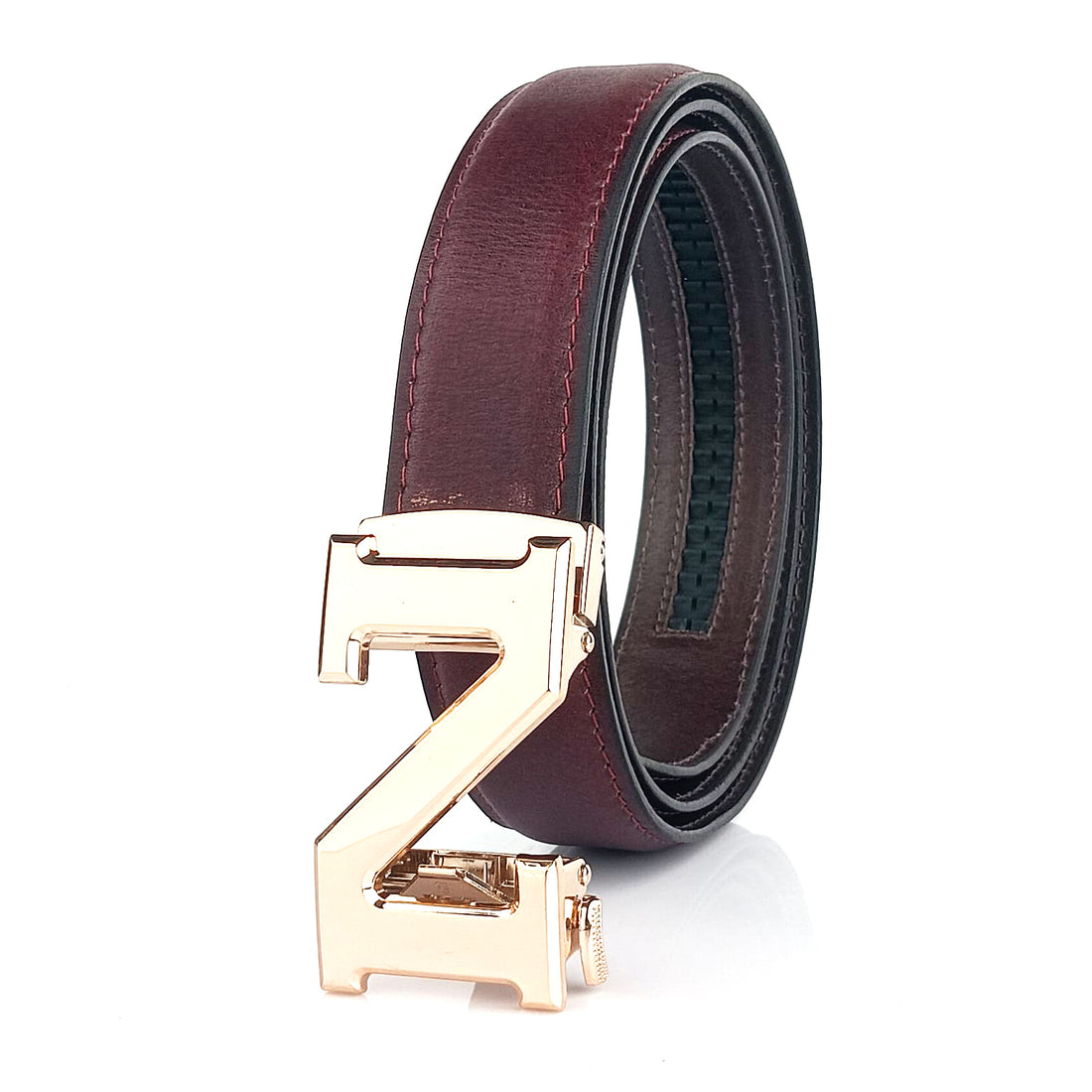 Hemener Men N  Letter Metal Auto Grip Buckle Cherry Brown Genuine Leather Belt