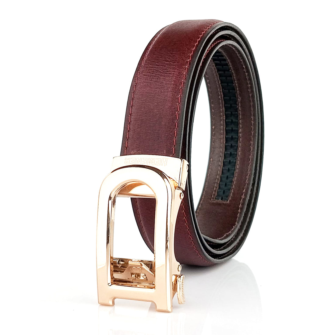 Hemener Men D  Letter Metal Auto Grip Buckle Cherry Brown Genuine Leather Belt