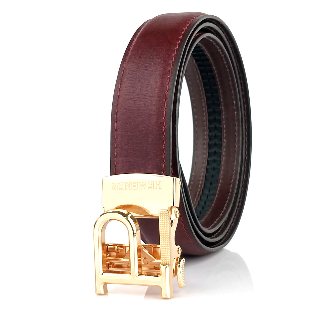 Hemener Men P  Letter Metal Auto Grip Buckle Cherry Brown Genuine Leather Belt