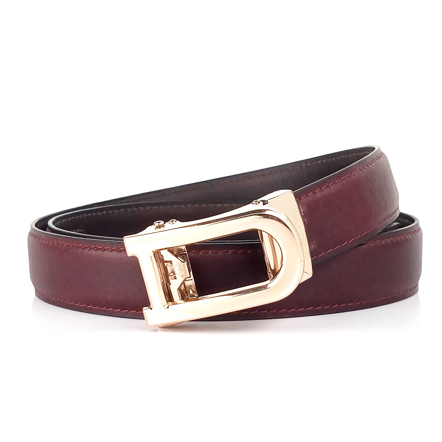 Hemener Men D  Letter Metal Auto Grip Buckle Cherry Brown Genuine Leather Belt