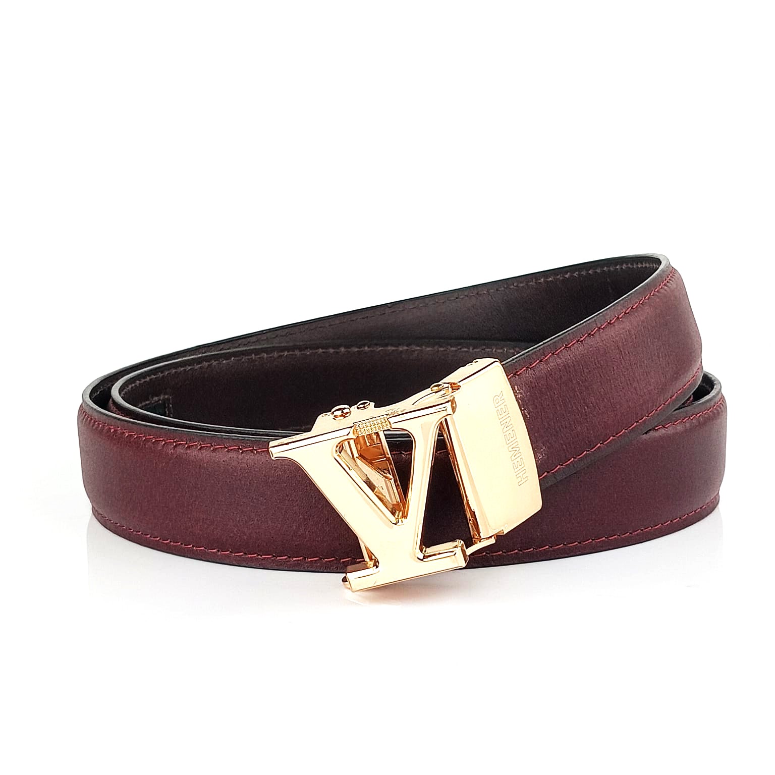 Hemener Men V  Letter Metal Auto Grip Buckle Cherry Brown Genuine Leather Belt