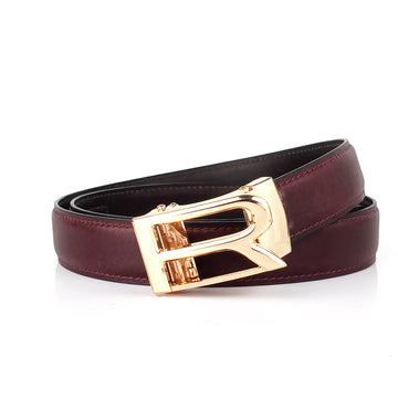 Hemener Men R  Letter Metal Auto Grip Buckle Cherry Brown Genuine Leather Belt