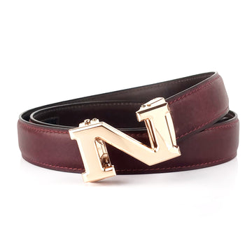 Hemener Men N  Letter Metal Auto Grip Buckle Cherry Brown Genuine Leather Belt