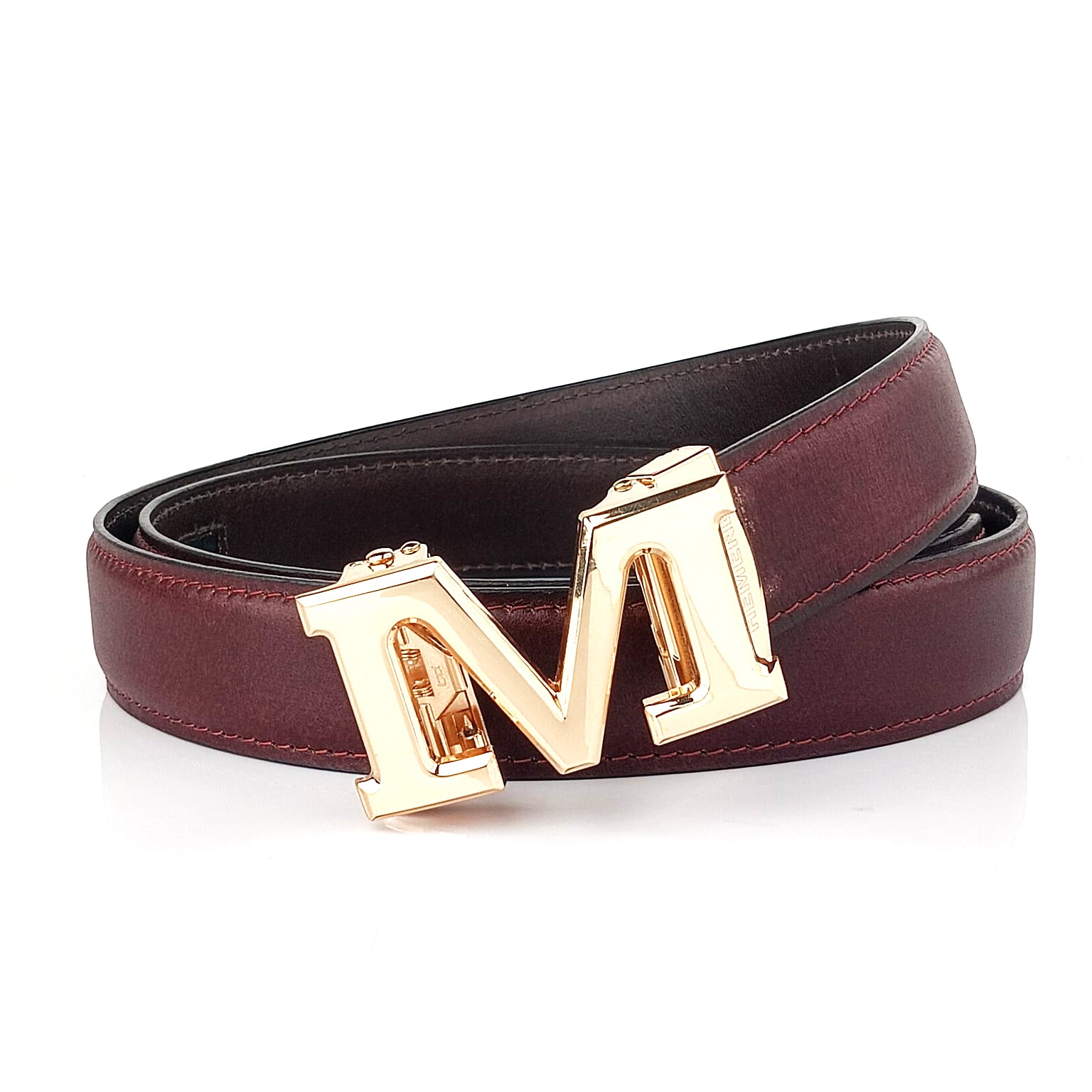 Hemener Men M  Letter Metal Auto Grip Buckle Cherry Brown Genuine Leather Belt