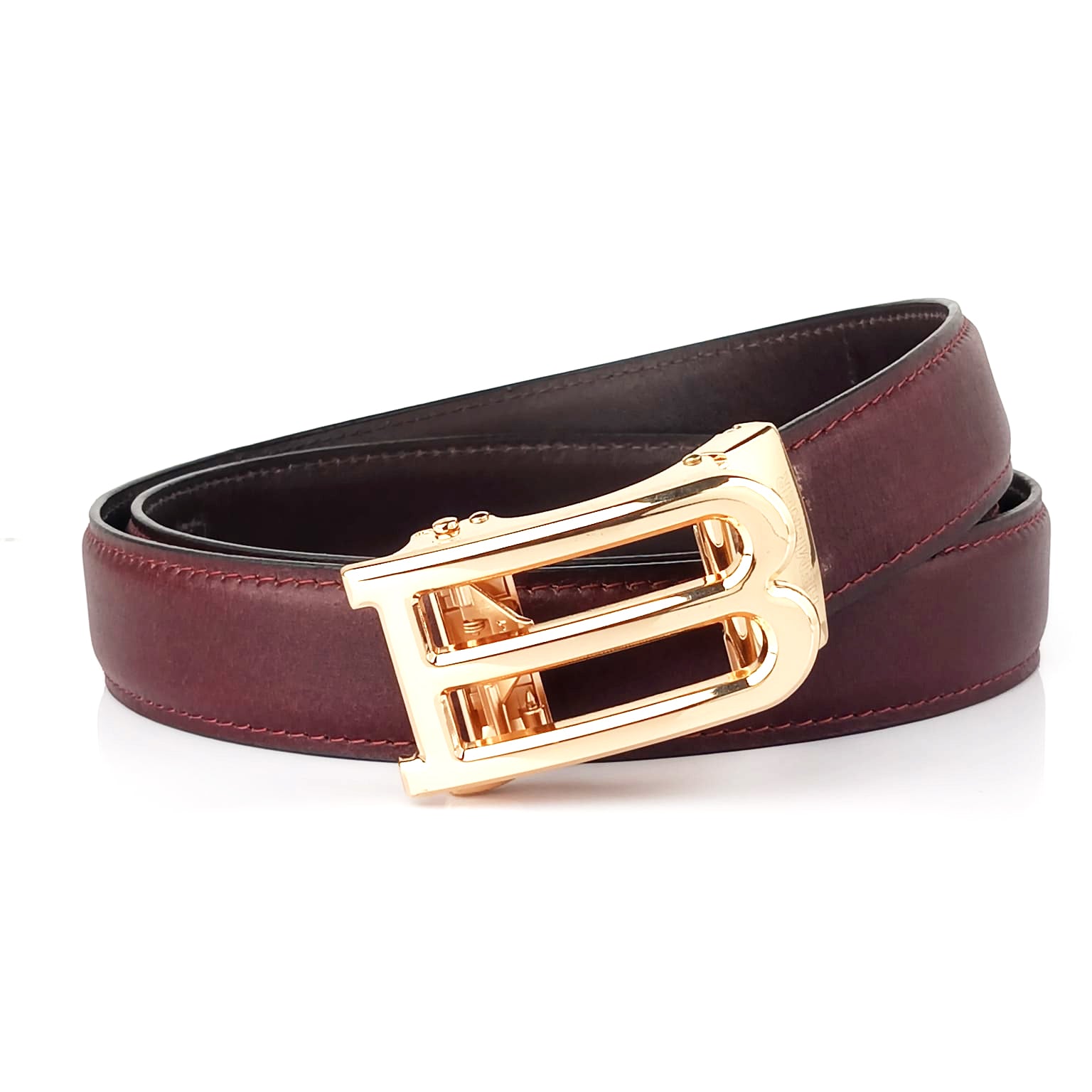 Hemener Men B  Letter Metal Auto Grip Buckle Cherry Brown Genuine Leather Belt