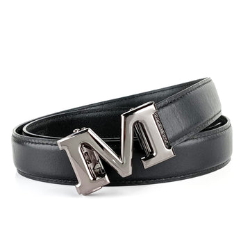 Hemener Men M  Letter Metal Auto Grip Buckle  Black Genuine Leather Belt