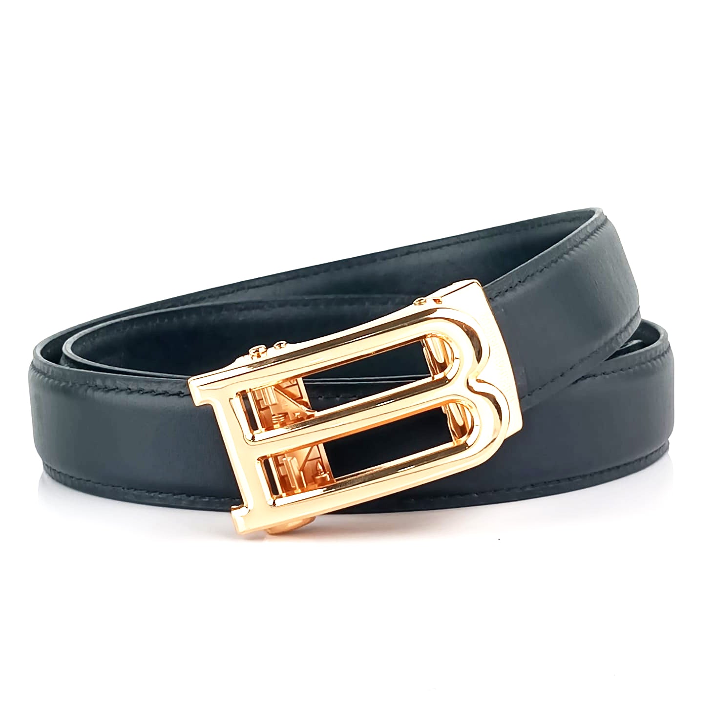 Hemener Men B  Letter Metal Auto Grip Buckle  Black Genuine Leather Belt