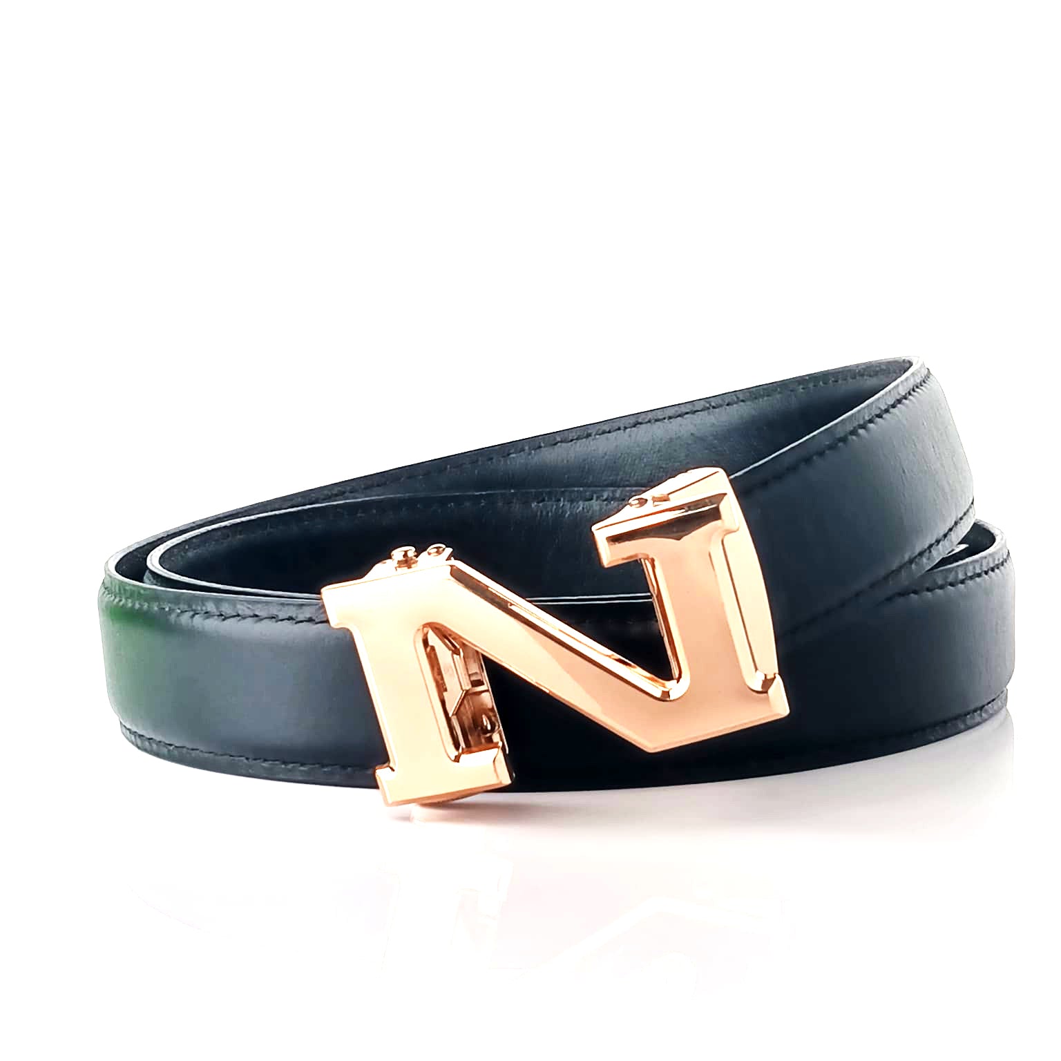 Hemener Men N  Letter Metal Auto Grip Buckle  Black Genuine Leather Belt