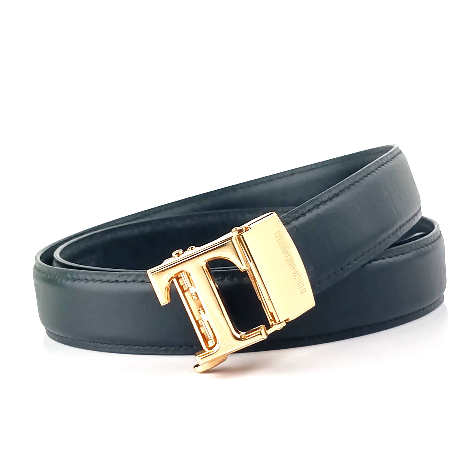 Hemener Men T  Letter Metal Auto Grip Buckle  Black Genuine Leather Belt