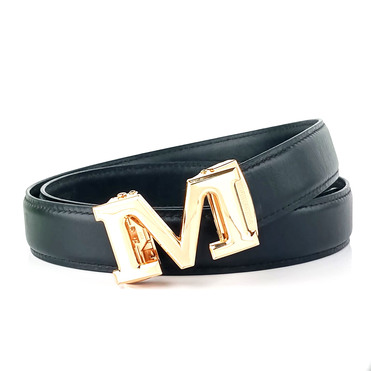 Hemener Men M  Letter Metal Auto Grip Buckle  Black Genuine Leather Belt