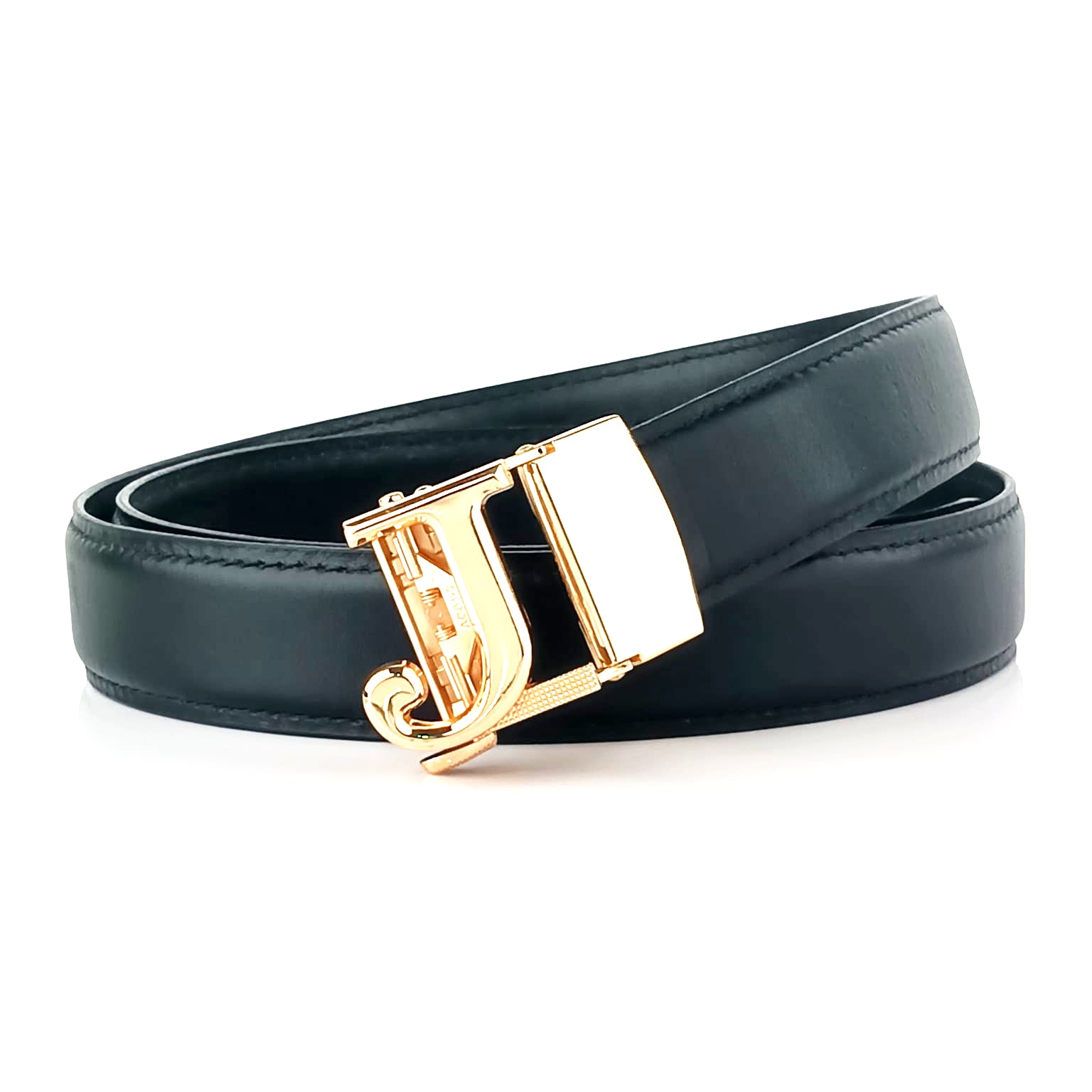 Hemener Men J  Letter Metal Auto Grip Buckle  Black Genuine Leather Belt