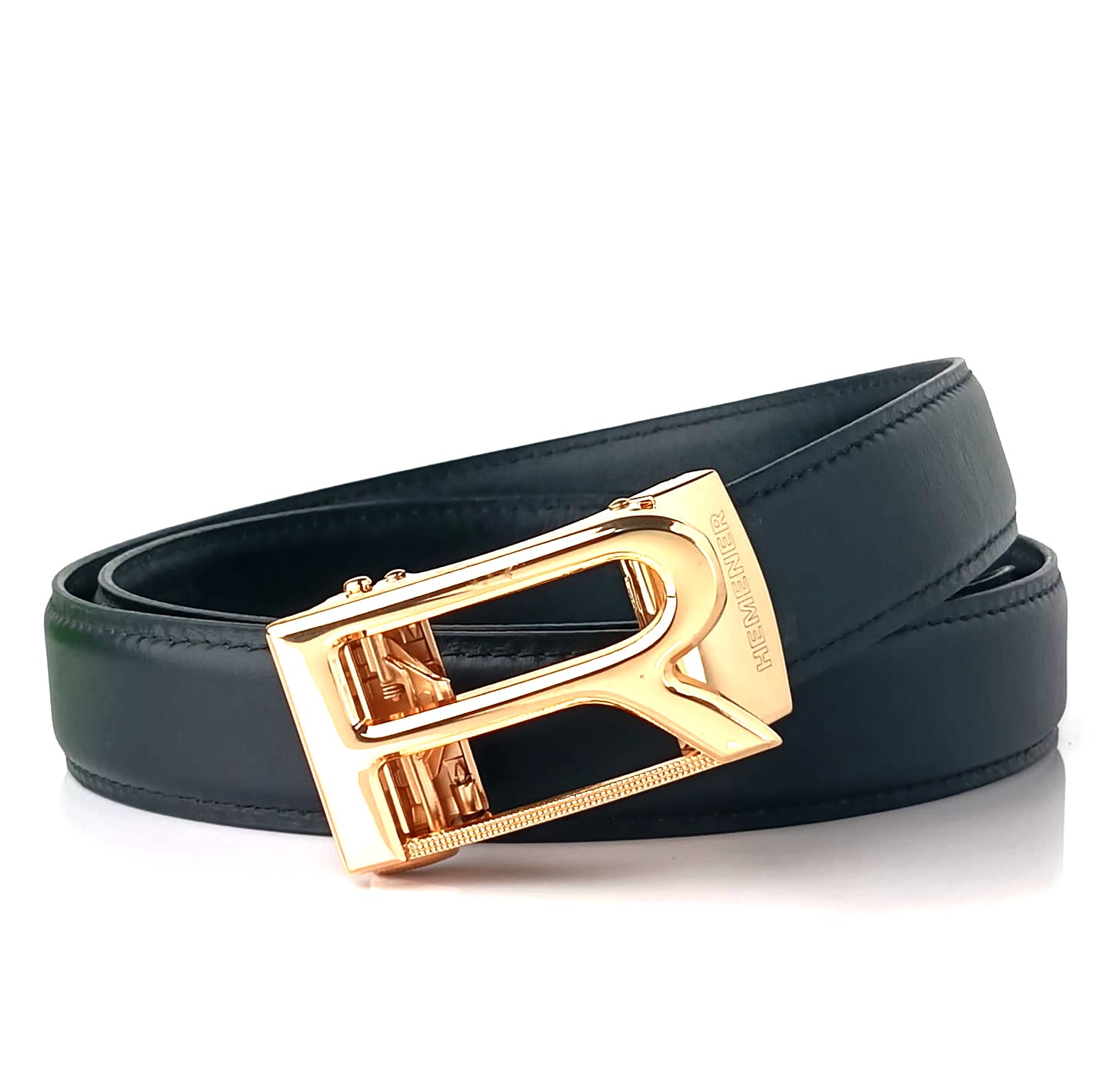 Hemener Men R  Letter Metal Auto Grip Buckle  Black Genuine Leather Belt