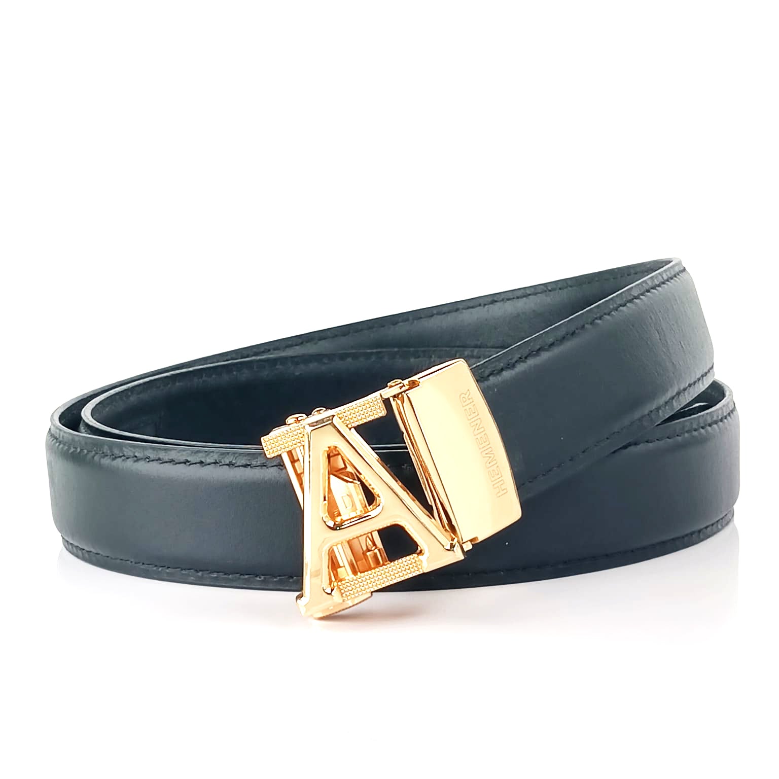 Hemener Men A  Letter Metal Auto Grip Buckle  Black Genuine Leather Belt