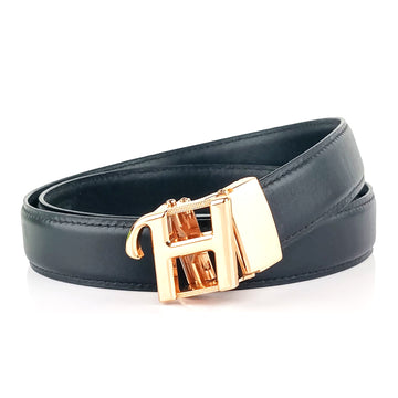 Hemener Men H  Letter Metal Auto Grip Buckle  Black Genuine Leather Belt