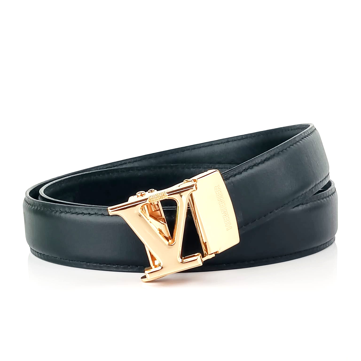 Hemener Men V  Letter Metal Auto Grip Buckle  Black Genuine Leather Belt