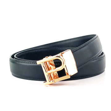 Hemener Men P  Letter Metal Auto Grip Buckle  Black Genuine Leather Belt