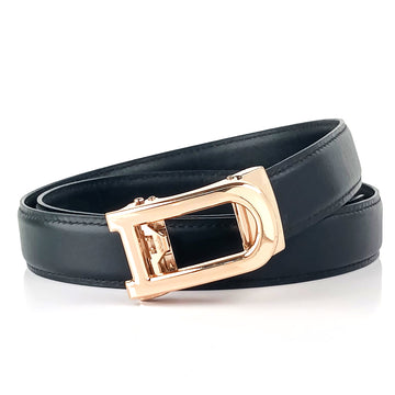 Hemener Men D  Letter Metal Auto Grip Buckle  Black Genuine Leather Belt