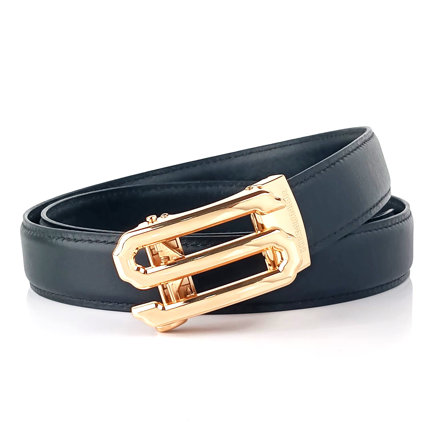 Hemener Men S  Letter Metal Auto Grip Buckle  Black Genuine Leather Belt