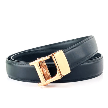 Hemener Men L  Letter Metal Auto Grip Buckle  Black Genuine Leather Belt