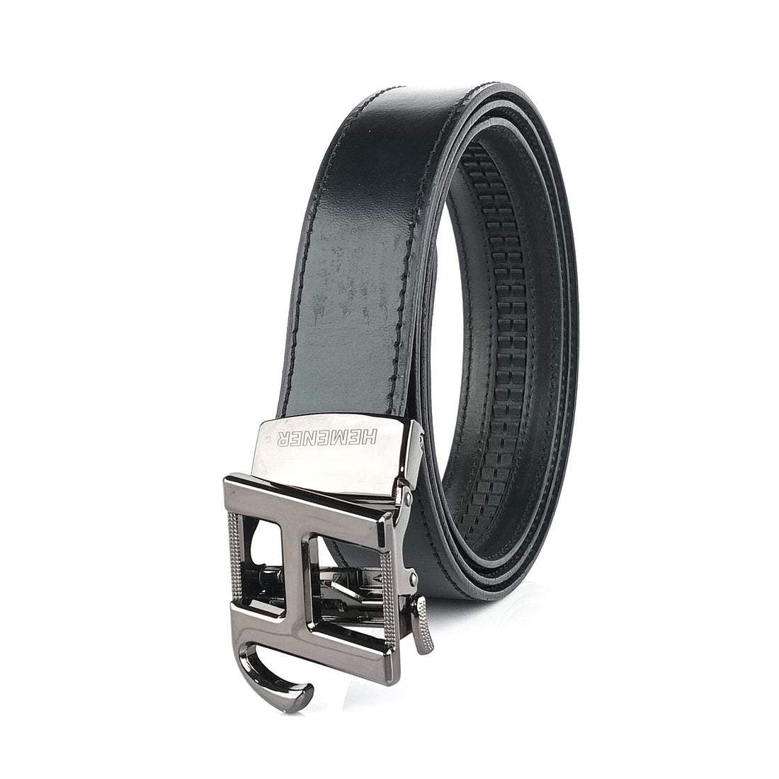 Hemener Men H Letter Metal Buckle Black Genuine Leather Belt