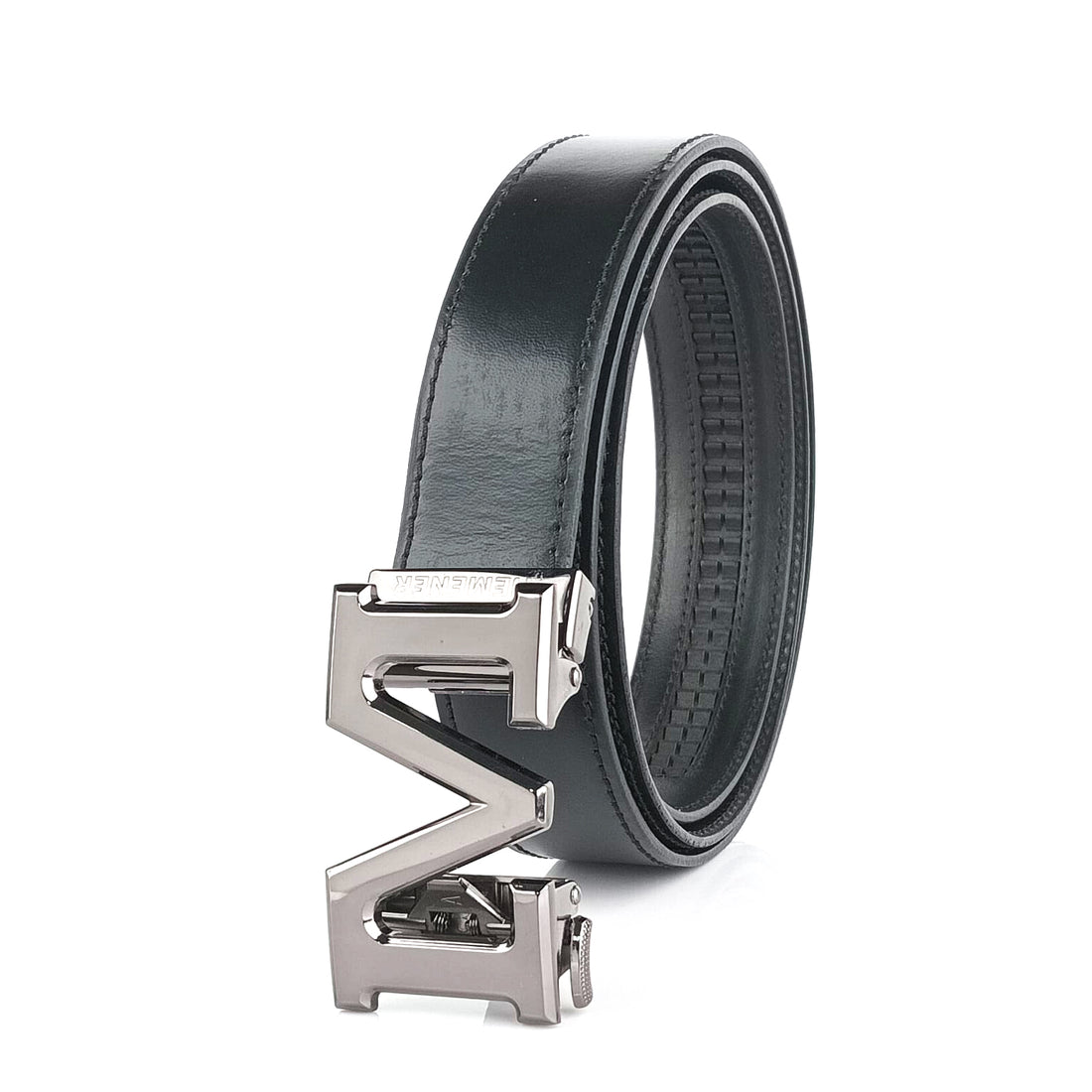 Hemener Men M Letter Metal Buckle Black Genuine Leather Belt