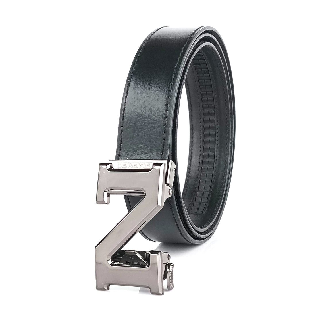 Hemener Men N Letter Metal Buckle Black Genuine Leather Belt