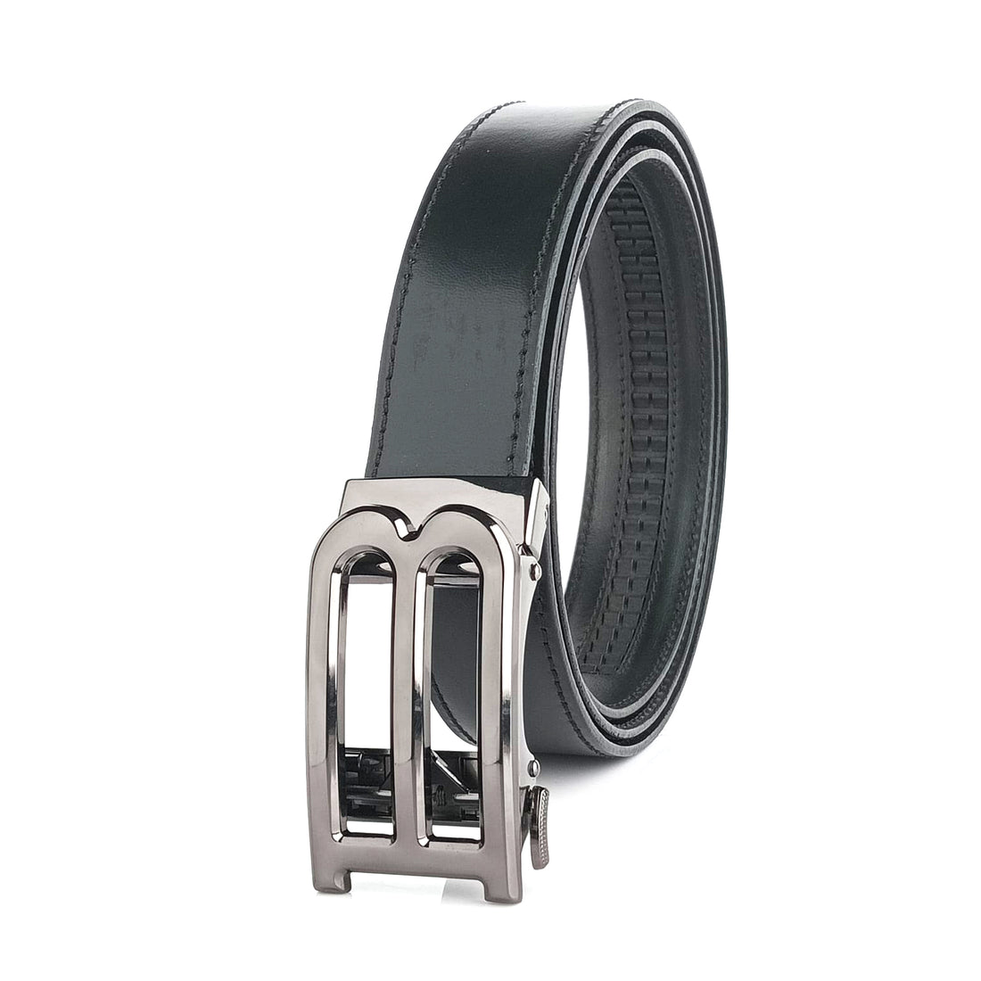 Hemener Men B Letter Metal Buckle Black Genuine Leather Belt