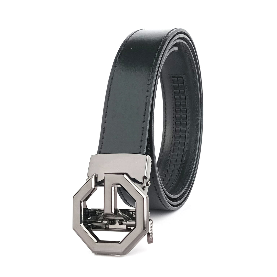 Hemener Men G Letter Metal Buckle Black Genuine Leather Belt