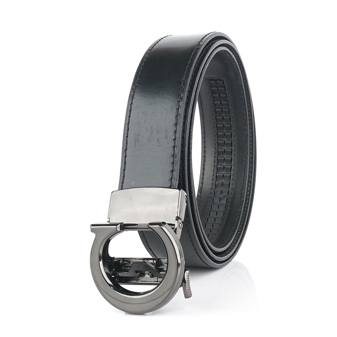 Hemener Men C Letter Metal Buckle Black Genuine Leather Belt