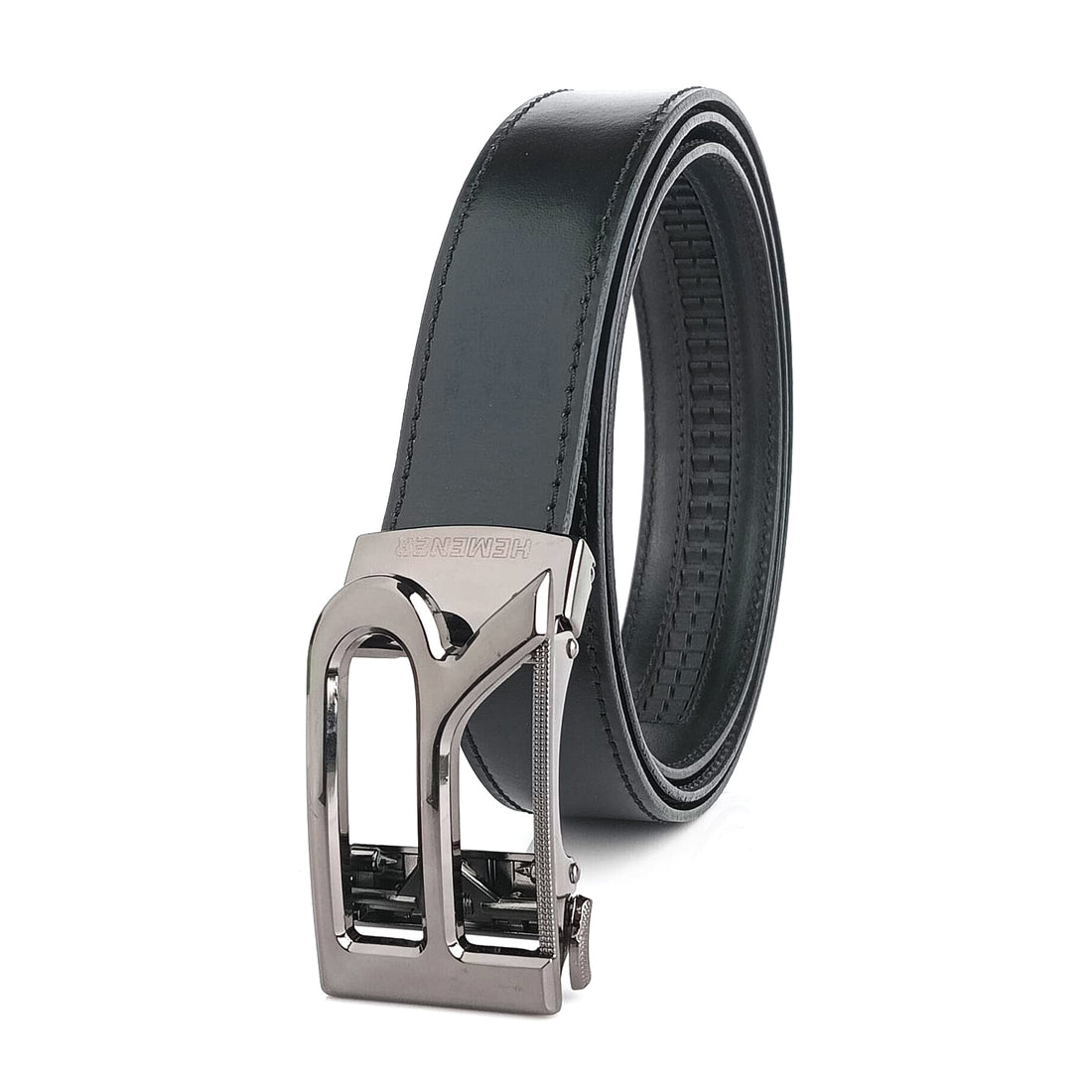 Hemener Men R Letter Metal Buckle Black Genuine Leather Belt